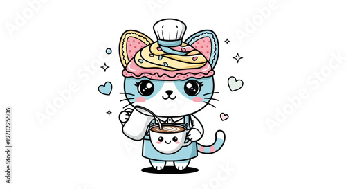 A cute cartoon cat wearing a chef hat cooks dessert with a spoon.