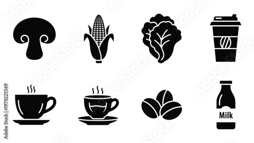A collection of black glyph icons representing common foods and beverages including produce and drinks silhouette high quality professional detailed modern