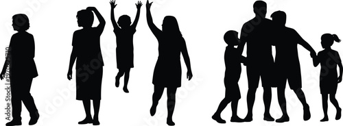 Collection of human silhouettes featuring families parents and children playing jumping and walking isolated on white background for lifestyle community and social relationship designs.