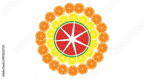 Vibrant illustration of sliced citrus fruits surrounding a central watermelon slice on a white background.