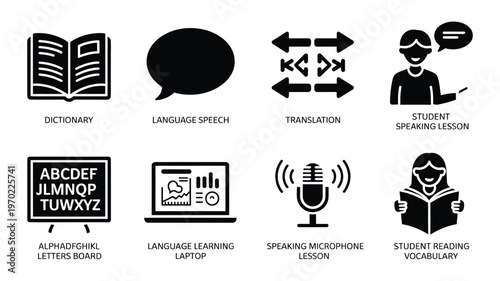 Language Education icons, vector set representing translation, vocabulary practice and learning tools for students and e-learning apps.