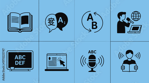 Language Education icons, vector set representing translation, vocabulary practice and learning tools for students and e-learning apps.