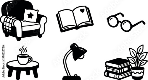 Black and white reading nook icons with chair book glasses lamp and plant