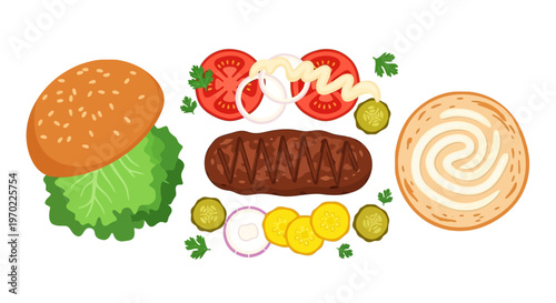 A colorful illustration of a burger being assembled with various toppings and condiments on a white background.