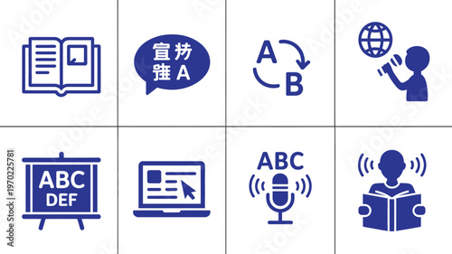Language Education icons, vector set representing translation, vocabulary practice and learning tools for students and e-learning apps.