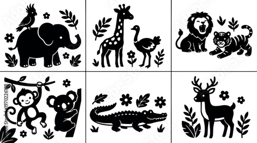 Black and white animal silhouettes with elephant monkey giraffe lion and deer