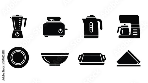 A collection of kitchen appliances and dishware are displayed in a minimalist black and white graphic silhouette high quality professional detailed