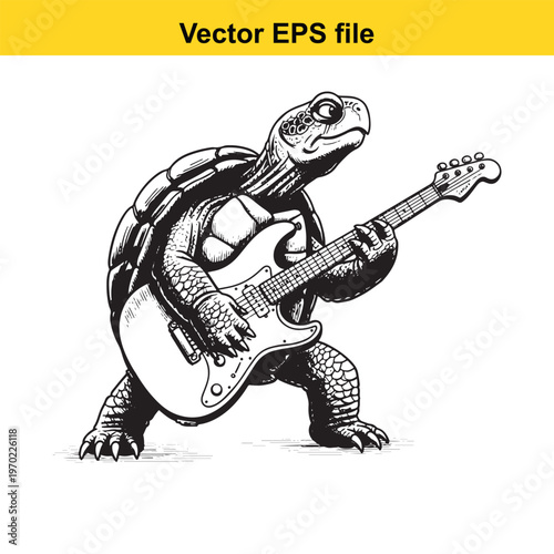 Turtle playing an electric guitar with a rock on