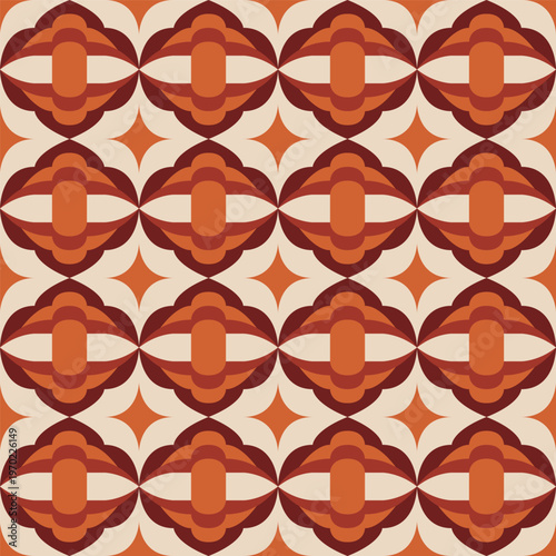 Retro Geometric Floral Tile Repeat Pattern with Earth Tone Color Palette