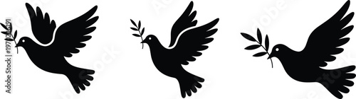 Collection of three black dove silhouettes flying with olive branches as symbols of peace hope and freedom isolated on white background for spiritual graphic designs.