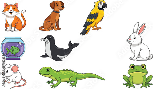 Cute animals vector set, cartoon pet and wildlife collection, cat dog parrot rabbit frog lizard seal mouse fish illustration
