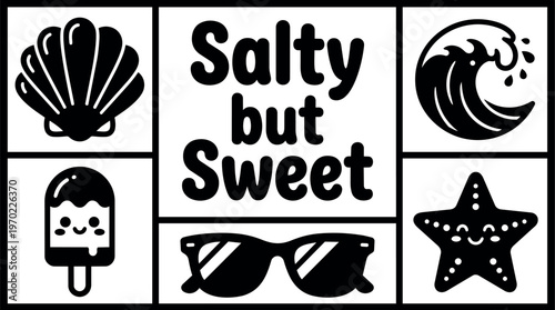 Playful salty but sweet lettering with seashell wave starfish sunglasses and popsicle icons