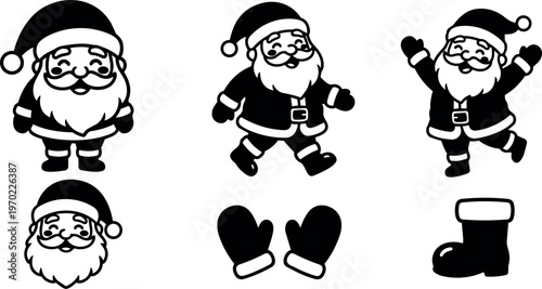 Black and white merry santa claus collection with mittens and boot vector art