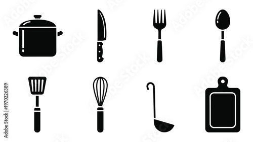 A collection of black kitchen utensils including pots pans and cutlery are displayed in a stark silhouette high quality professional detailed