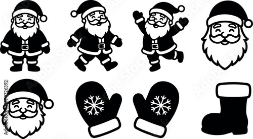 Black and white santa claus icons with mittens and boot set