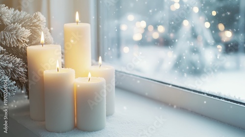 Warm Christmas Candles Glow on a Snowy Windowsill with Soft Lights and Bokeh Outlining a Winter Wonderland