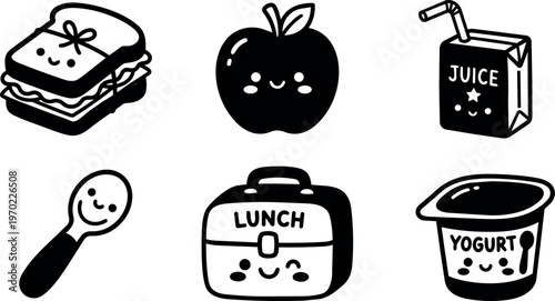 Cute black and white kawaii lunch food icons with smiles