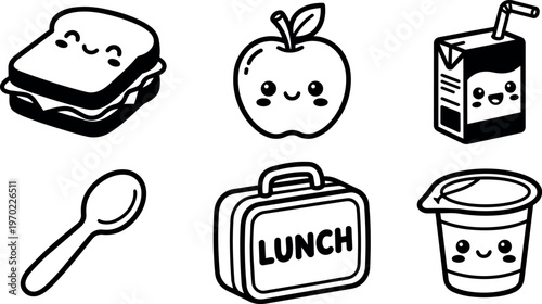 Black and white cute school lunch sandwich apple juice yogurt and spoon line art