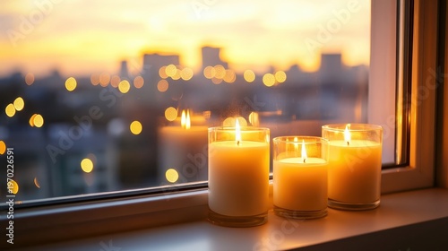 Warm glowing candles on a windowsill with a soft cityscape bokeh background, creating a serene and cozy holiday ambiance.