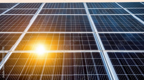 Warm sunset illuminates vast rooftop solar panels, capturing renewable energy.