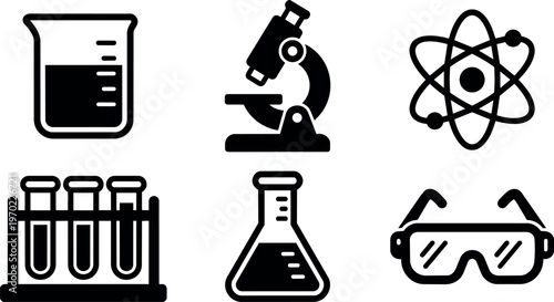 Black laboratory equipment icons beaker microscope atom safety glasses