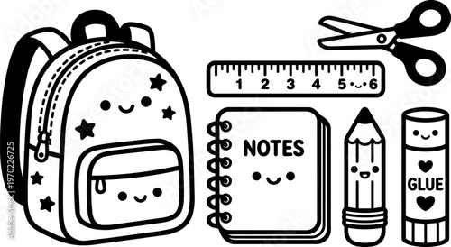 Cute kawaii school supplies backpack notebook pencil glue and scissors line art