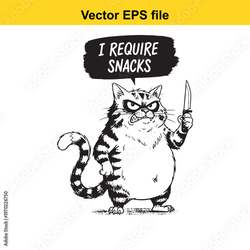 Angry cat demanding snacks with a knife