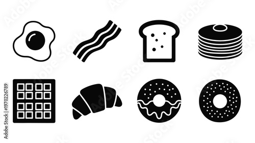 A collection of black and white breakfast and dessert icons including eggs bacon bread and pastries silhouette high quality professional detailed