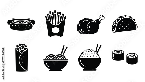 A collection of fast food items and sushi presented as black silhouettes including hotdogs tacos and fried chicken silhouette high quality