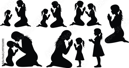 Set of black human silhouettes featuring women and little girls kneeling and praying together isolated on white background for spiritual mindfulness and religious design concepts.