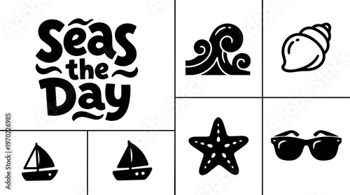 Seas the day phrase with wave starfish shell sailboat and sunglasses icons
