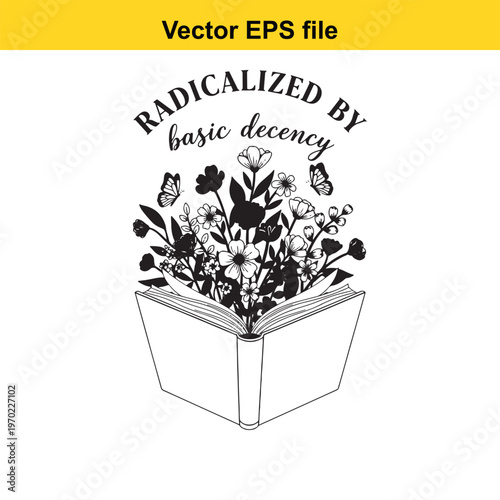 A black and white illustration of a book with flowers and butterflies growing out of it