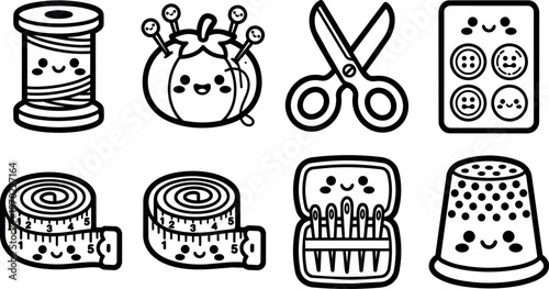 Cute kawaii sewing tools icons spool pin cushion scissors buttons tape measure needles thimble