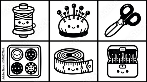 Black and white kawaii sewing tools spool scissors pins buttons tape measure flat design