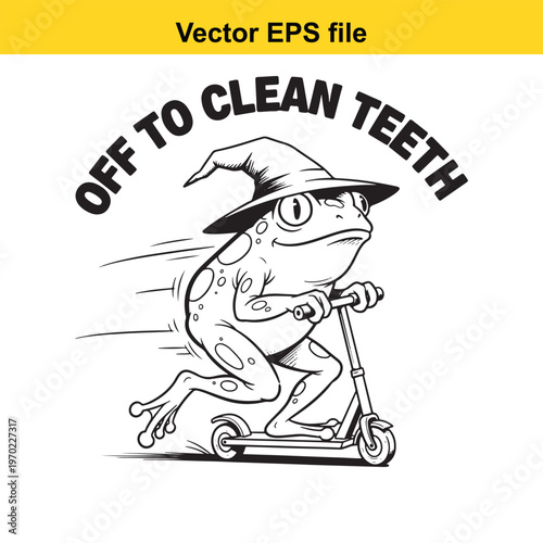 A frog wearing a pointy hat rides a scooter