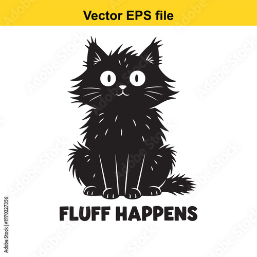 A black cat with the words fluff happens