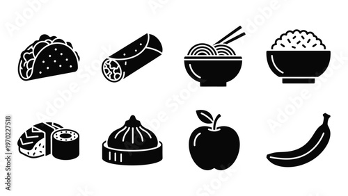 A collection of diverse food items including tacos sushi dim sum and fruit presented in a stark silhouette high quality professional