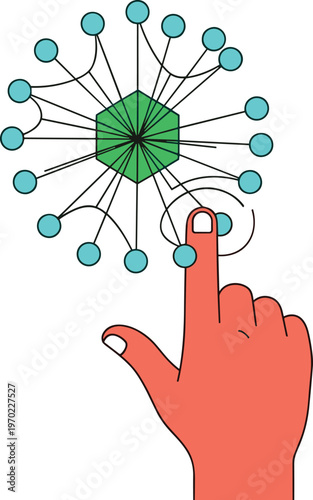 Hand touching network nodes vector illustration, digital connection concept, technology interface with data points, modern flat design isolated background