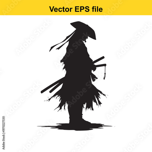 A black silhouette of a samurai holding a sword