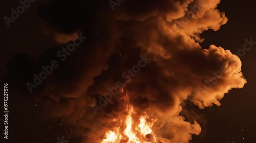 Massive Explosion with Fiery Debris and Smoke Cloud