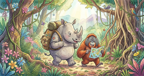 A whimsical, watercolor illustration of a rhino wearing a backpack and an orangutan holding a map. They are walking through a colorful, hand-drawn jungle. Soft textures and friendly, expressive faces.