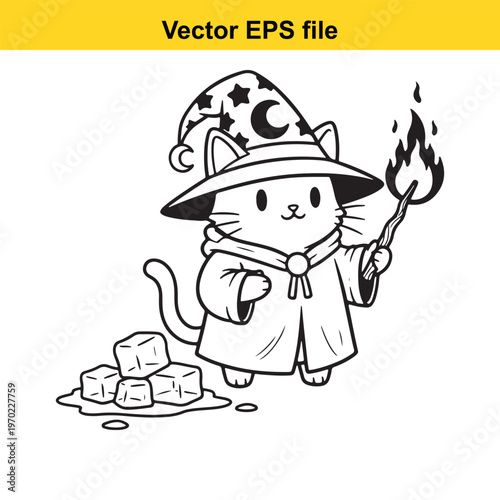 A cartoon cat dressed as a wizard holding a torch
