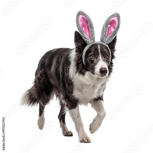 Cute Border Collie dog wearing pink and grey bunny ears, playfully walking forward.