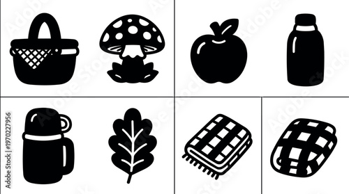 Black and white picnic basket mushroom apple bottle thermos leaf and folded blankets vector icons