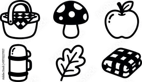 Black and white line art picnic basket mushroom apple thermos leaf and blanket icons