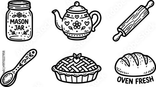 Kitchen utensil mason jar teapot pie and bread line art vector set