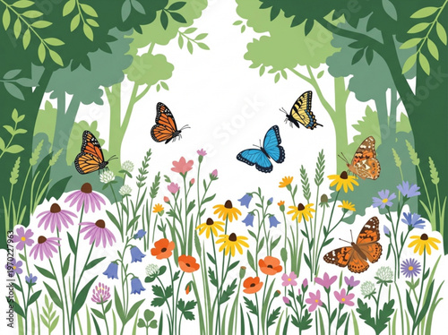 Colorful butterflies fly around vibrant wildflowers in a lush forest clearing with green trees and a white background