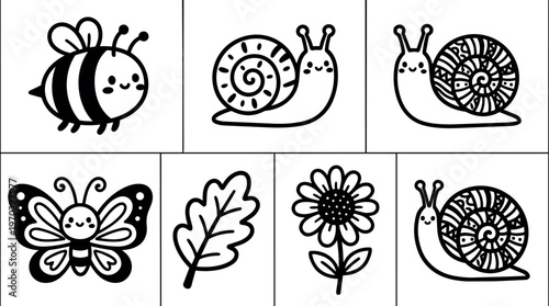 Black and white cute bee butterfly snail leaf and flower vector art set
