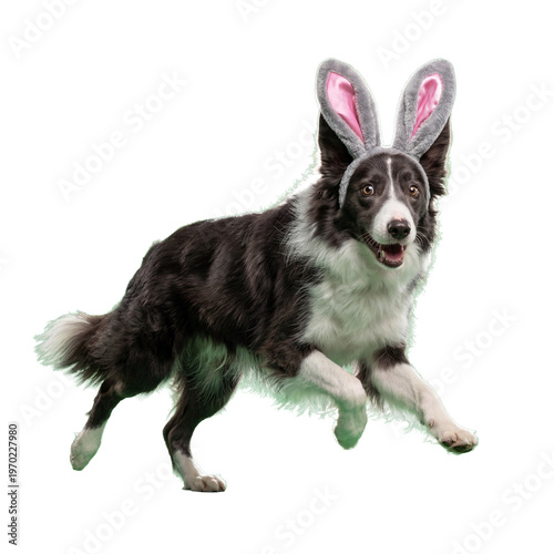 Energetic black and white Border Collie dog wearing playful gray bunny ears.