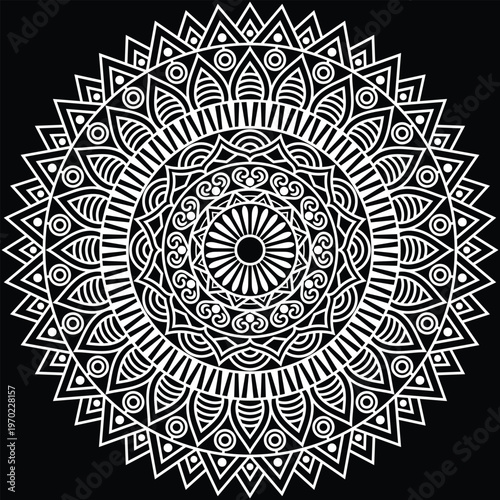 A beautifully detailed decorative mandala design created with intricate floral and geometric elements arranged in a perfectly balanced circular composition.